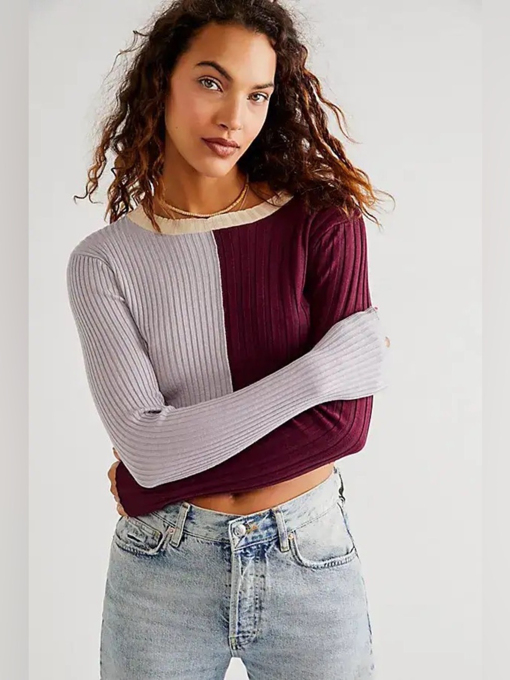 Find Me Now Free People Bowie Color Block Dark Mauve Long Sleeve Shirt Medium